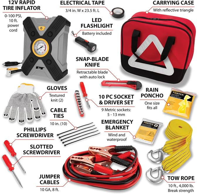 Performance Tool E00013 33 pc. Deluxe Roadside Assistance Kit: Featuring Vortex 12V Rapid Tire Inflator, Booster Cables, Tow Rope, Flashlight, Socket Set, First Aid Kit, Tool Kit and Storage Case