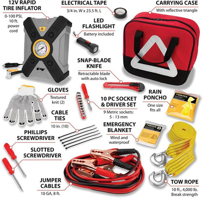 Performance Tool E00013 33 pc. Deluxe Roadside Assistance Kit: Featuring Vortex 12V Rapid Tire Inflator, Booster Cables, Tow Rope, Flashlight, Socket Set, First Aid Kit, Tool Kit and Storage Case