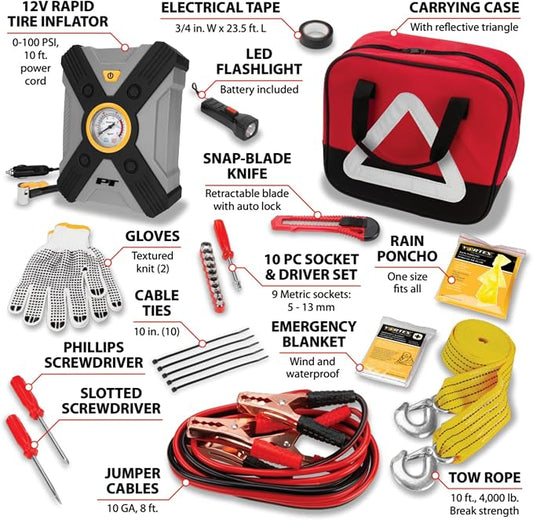 Performance Tool E00013 33 pc. Deluxe Roadside Assistance Kit: Featuring Vortex 12V Rapid Tire Inflator, Booster Cables, Tow Rope, Flashlight, Socket Set, First Aid Kit, Tool Kit and Storage Case