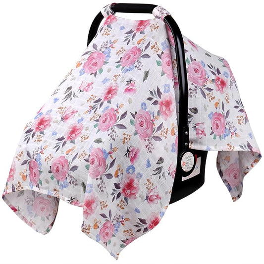 Rquite Infant Car Seat Cover for Babies Girls, 100% Muslin Cotton Carseat Canopy, Breathable Stroller Sun Shade, Baby Shower Gift & Newborn Essentials, Universal Fit Summer & Hot Weather (Floral)