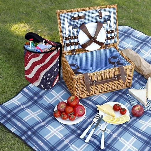 Talayituse American Flag Star Print Car Trash Can with Lid, 4th of July Leak Proof Auto Trash Bag Hanging Vehicle Garbage Can Multipurpose Storage Container for Back Seat Road Trip