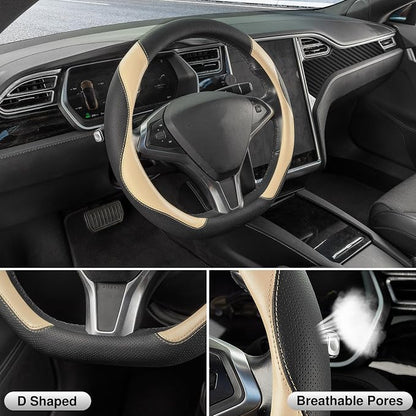 SEG Direct D Shaped Steering Wheel Cover, Flat Bottom Car Wheel Cover 14 1/2-15 in. (37-39 cm), Black and Beige Microfiber Leather