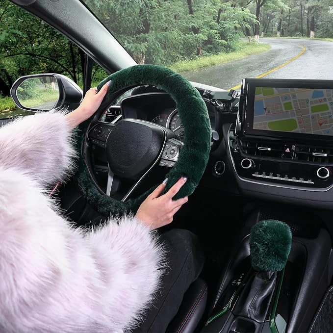 SEG Direct Furry Car Steering Wheel Cover with Gear Shift Cover, Soft and Warm, Cute Fluffy Auto Decor for Women Men, Standard Size, 2 PCS Set, Dark Green