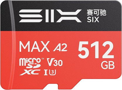 SIX M200 512GB Micro SD Card Read Up to 190MB/s for 4K UHD Continuous Recording - A2, U3, V30 microSDXC Memory Card 512GB with Adapter for Action Cameras, Drones, Gaming Consoles, Dash Cams, Phones
