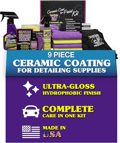 Wizards Ceramic Coat for Paint Kit - 9 Piece Ceramic Coating for Detailing Supplies - Provides High Gloss, Luster, Shine and Protection for Vehicles - Versatile Car Scratch Remover for Auto Detailing