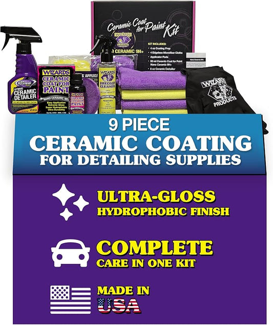 Wizards Ceramic Coat for Paint Kit - 9 Piece Ceramic Coating for Detailing Supplies - Provides High Gloss, Luster, Shine and Protection for Vehicles - Versatile Car Scratch Remover for Auto Detailing