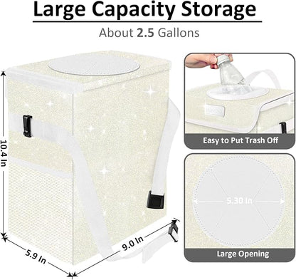 Cute Mini Car Trash Bag with Lid, Glitter Garbage Can Bin Hanging for Back/Front Seat/Console, Waterproof, Leakproof, 2.5 Gallon, Beige Cream Bling Sparkly