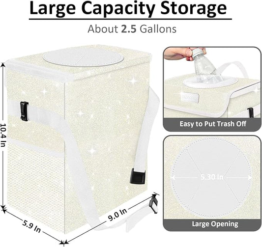 Cute Mini Car Trash Bag with Lid, Glitter Garbage Can Bin Hanging for Back/Front Seat/Console, Waterproof, Leakproof, 2.5 Gallon, Beige Cream Bling Sparkly