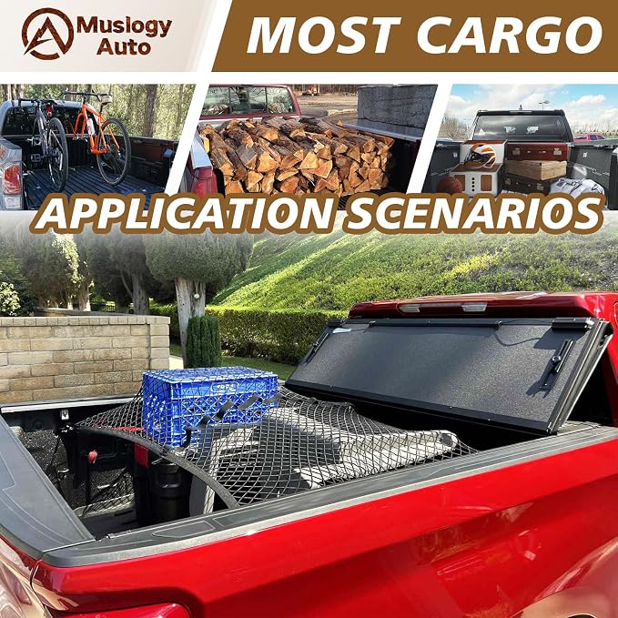 Muslogy Truck Bed Cargo Net Trunk Netting Compatible with Pickup Bed Stretchable 4'x4' to 7'x7' Accessories, Pickup Cargo Organizer ATV SUV UTV Truck&Boat Sedan Storage Net w/Heavy Duty Carabiners
