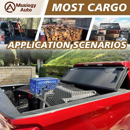 Muslogy Truck Bed Cargo Net Trunk Netting Compatible with Pickup Bed Stretchable 4'x4' to 7'x7' Accessories, Pickup Cargo Organizer ATV SUV UTV Truck&Boat Sedan Storage Net w/Heavy Duty Carabiners