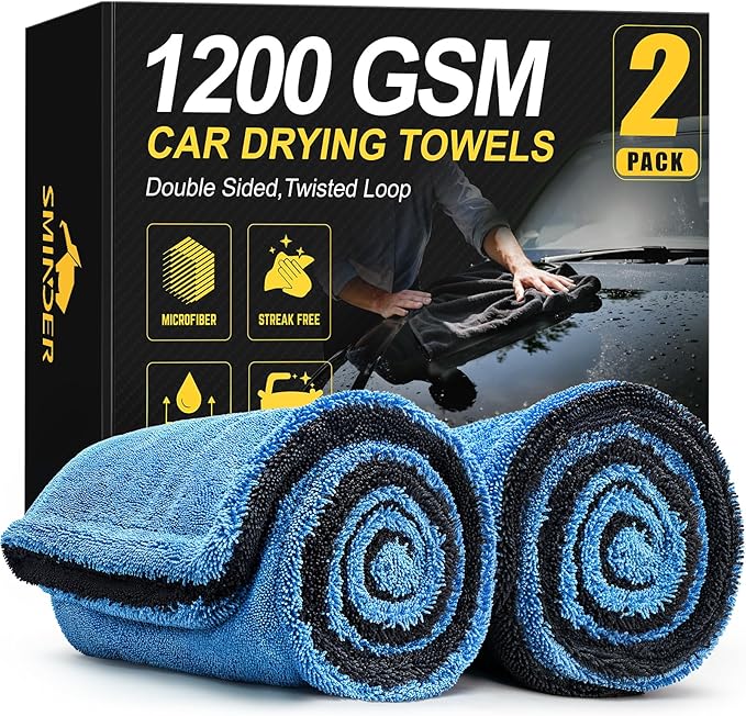 SMINDER 2-Pack 1200 GSM Car Drying Towels – Microfiber Towels for Cars (36" x 24"), Ultra-Absorbent, Streak-Free, Scratch-Free, No Water Spots, Double-Twist Pile & Edgeless Design(Blue)