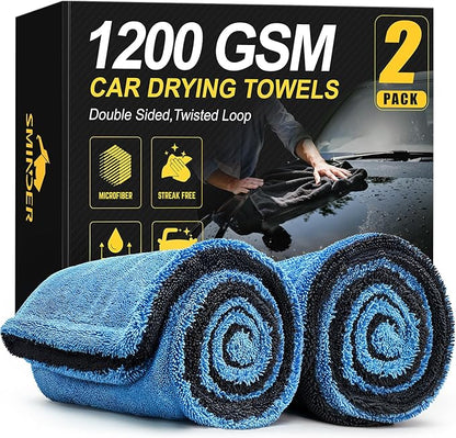 SMINDER 2-Pack 1200 GSM Car Drying Towels – Microfiber Towels for Cars (36" x 24"), Ultra-Absorbent, Streak-Free, Scratch-Free, No Water Spots, Double-Twist Pile & Edgeless Design(Blue)