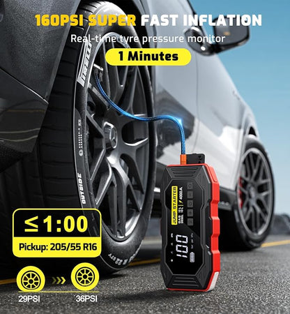 Jump Starter with Air Compressor 4000A Portable Car Battery Jump Starter (All Gas/10L Diesel), 160PSI Auto-Shutoff Tire Inflator Air Compressor, SuperSafe 12V Jump Box Car Battery Jumper Booster