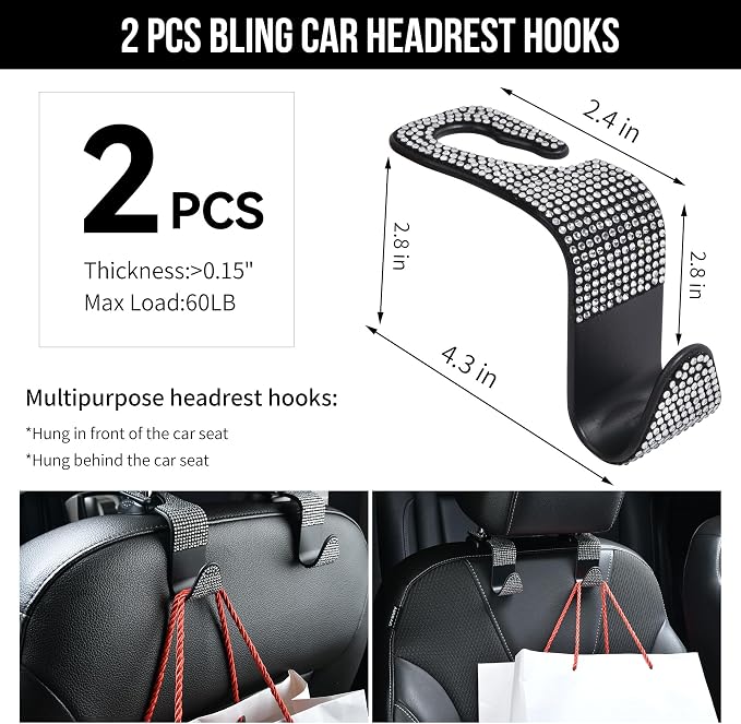 CAR PASS 23 PCS Bling Diamond Car Accessories Set for Women, Leather Seat Covers Full Set Sparkly Rhinestone15'' Steering Wheel Covers Shining Car Floor Mats Cute Aotumotive Interior Sets, Silver
