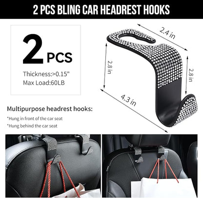 CAR PASS 23 PCS Bling Diamond Car Accessories Set for Women, Leather Seat Covers Full Set Sparkly Rhinestone15'' Steering Wheel Covers Shining Car Floor Mats Cute Aotumotive Interior Sets, Silver