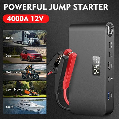 BOOKOO Car Battery Jump Starter 4000A,16000mAh Portable Battery Jumper Cables for Car 8L Gas 7L Diesel Engines,Jump Box with USB QC 3.0 PD 18W Fast Charging,3 LED Modes with SOS for Emergency Use