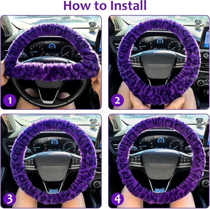 Accmor Fuzzy Car Steering Wheel Cover, Universal Fit Fur Car Wheel Cover & Handbrake Cover & Gear Shift Cover Set, Fluffy Fashion Leopard Print Auto Steering Wheel Protector for Women Girls(Purple)