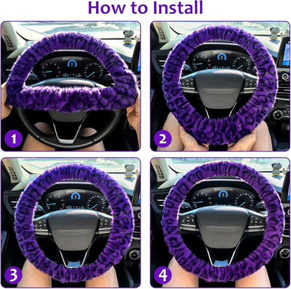 Accmor Fuzzy Car Steering Wheel Cover, Universal Fit Fur Car Wheel Cover & Handbrake Cover & Gear Shift Cover Set, Fluffy Fashion Leopard Print Auto Steering Wheel Protector for Women Girls(Purple)