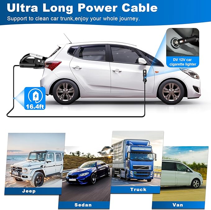 DRECELL Car Vacuum, Portable Vacuum Cleaner with Powerful 7000PA Suction, DC 12V Power 16.4Ft Cord Wired Vacuum Cleaner, LED Light, Car Accessories for Men/Women, Black