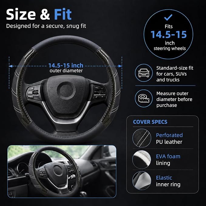 Elantrip Sport Leather Steering Wheel Cover 14 1/2 inch to 15 inch Universal, Padded Soft Grip Breathable for Car Truck SUV Jeep, Anti Slip Odorless Carbon Fiber Black