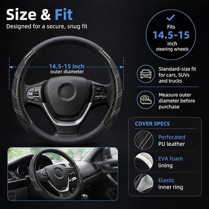 Elantrip Sport Leather Steering Wheel Cover 14 1/2 inch to 15 inch Universal, Padded Soft Grip Breathable for Car Truck SUV Jeep, Anti Slip Odorless Carbon Fiber Black