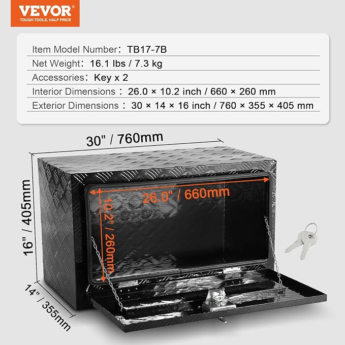 VEVOR Underbody Truck Box, 30"×14"×16" Pickup Storage Box, Heavy Duty Aluminum Diamond Plate Tool Box with Lock and Keys, Waterproof Trailer Storage Box with T-Handle Latch for Truck, Van, Trailer