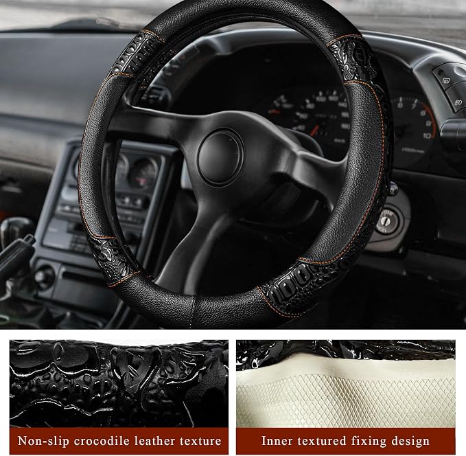 Leather Car Steering Wheel Cover, 15" Crocodile Pattern Anti Slip Car Wheel Wrap with Rose Grain, Four Seasons Universal Auto Steering Wheel Protector for Cars Trucks SUVs (Black & Black)