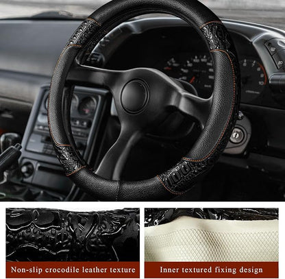 Leather Car Steering Wheel Cover, 15" Crocodile Pattern Anti Slip Car Wheel Wrap with Rose Grain, Four Seasons Universal Auto Steering Wheel Protector for Cars Trucks SUVs (Black & Black)