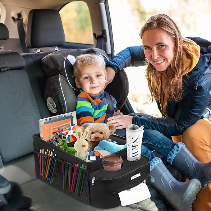 FUNNy elf Passenger Seat Organizer, Collapsible Car Storage with Partitions & 4 Cup Holders for Front or Back Seat