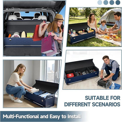 Car Trunk Organizer, Leather Trunk Organizer for Suv with Lid and Push-pull Handle Car Trunk Leather Storage Box Extra Large Cargo Storage (Blue, 41.3 x 11.4 x 12.2in)