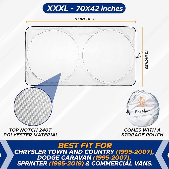 Econour Windshield Sun Shade for Ford E-Transit 2015-2026, Sunshade for Front Window & Windshield Sun Visor, UV Rays Heat Blocker & Protector, Van Accessories