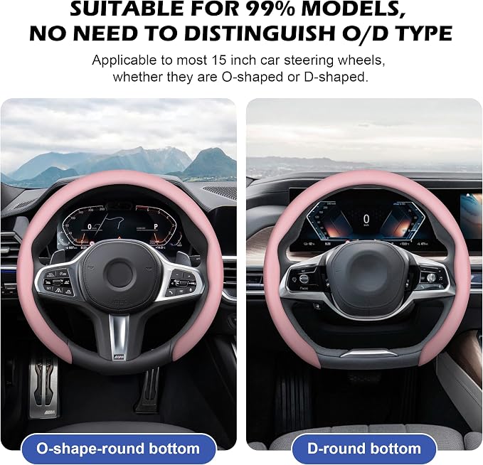 Frani Nappa Leather Steering Wheel Cover,Universal Fit 15 Inch-Premium Non-Slip Breathable Comfort Grip for Cars Trucks SUVs,Anti-Slip Durable Interior Upgrade Light Pink