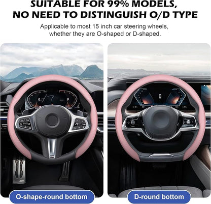 Frani Nappa Leather Steering Wheel Cover,Universal Fit 15 Inch-Premium Non-Slip Breathable Comfort Grip for Cars Trucks SUVs,Anti-Slip Durable Interior Upgrade Light Pink
