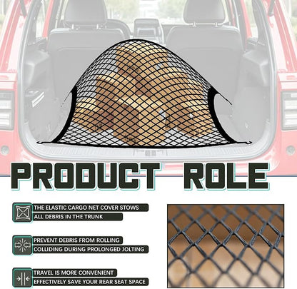 JINGKE Elastic Cargo Net with Fixing Hooks D-Rings Luggage Cover for SUV Rear Trunk Bed Netting Cover ，Net Stretchable Mesh Organizer 32" x 24" Stretch to 63"x43"
