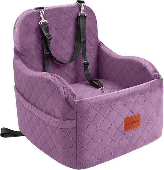 Lealchum Dog Booster Car Seat for Small/Medium Dogs,Puppy Portable Car Bed with Elevated Cushion,Fully Detachable and Washable,2 Storage Pockets,Easy to Install (Purple, Medium)