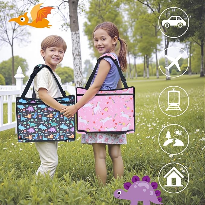 COOLBEBE Kids Travel Tray for Toddler Car Seat, 2PCS Travel Tray for Airplane, Lap Tray, Carseat Table Tray for Kids Travel Activities, Dinosaur & Pink Unicorn