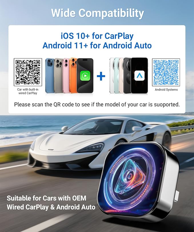 TICARVE 2-in-1 Wireless Apple CarPlay & Android Auto Adapter, Plug & Play CarPlay Wired to Wireless Adapter, Stable Auto-Connect, No Latency, iOS 10+ & Android 11+, USB/USB-C Extension Cable