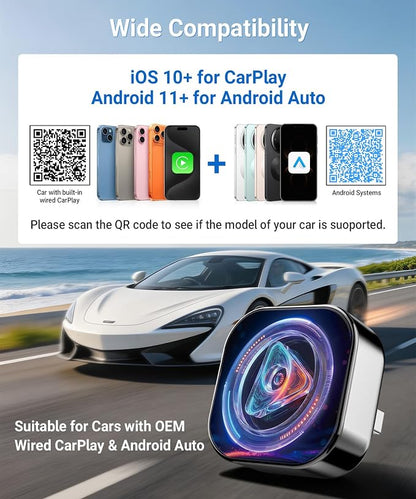 TICARVE 2-in-1 Wireless Apple CarPlay & Android Auto Adapter, Plug & Play CarPlay Wired to Wireless Adapter, Stable Auto-Connect, No Latency, iOS 10+ & Android 11+, USB/USB-C Extension Cable
