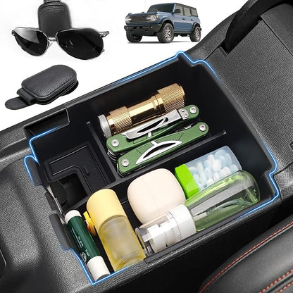 Upgrade Center Console Organizer for Ford Bronco 4 Door 2025 2026 Full Size Armrest Storage Box for Ford Bronco Accessories(Not for 2-Door & Bronco Sport & Manual Transmission)+Sunglasses Holder