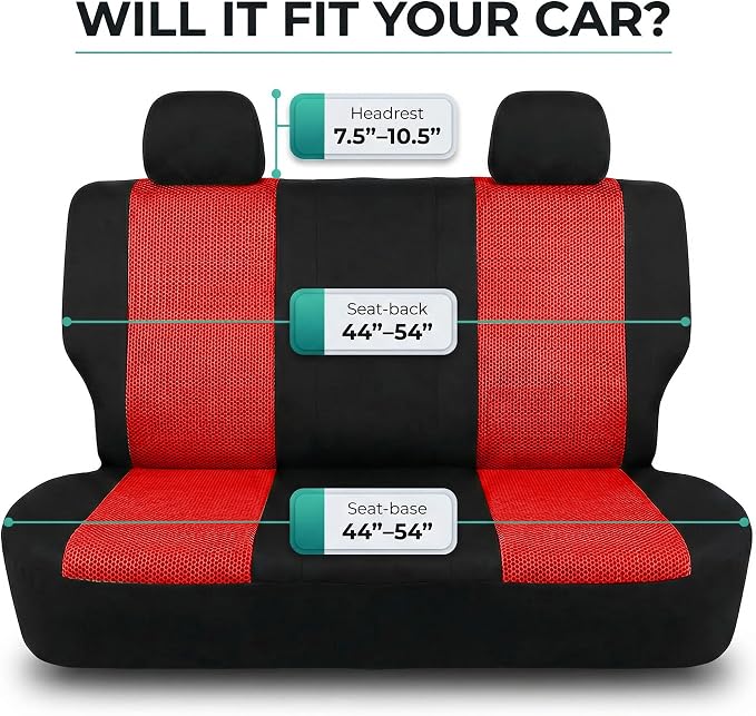 FH Group Automotive Rear Car Seat Covers for SUV, Trucks, Sedan and More - Universal Fit Front High Back & Rear Solid Bench Design Interior Accessories - 3D Mesh Fabric Center Panel - Red