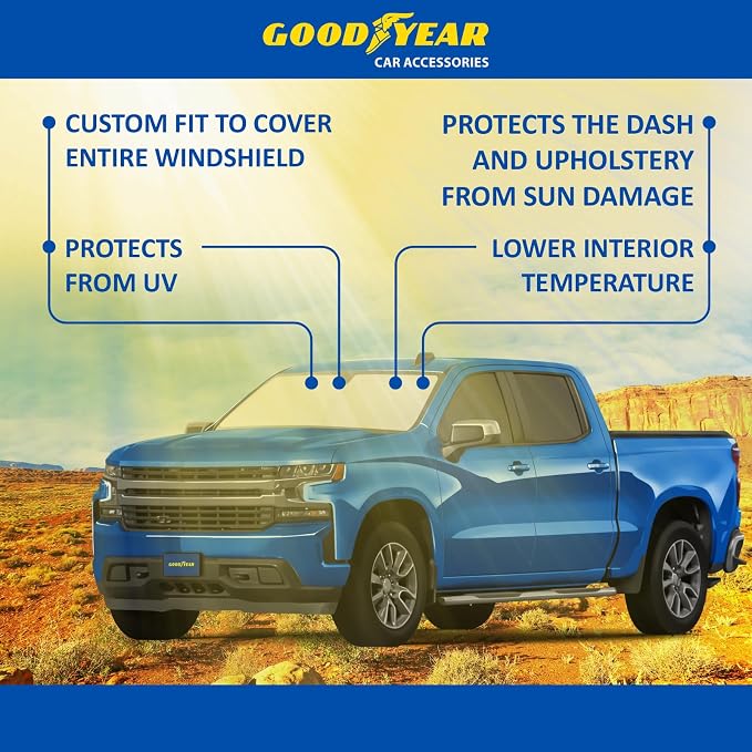 Goodyear Foldable Windshield Sunshade for Chevrolet (Chevy) Silverado 1500 2019-2026, Truck car Accessories, Sunshade Cover, Sun Shade Car Windshield, Window Sun Blocker - GY008220