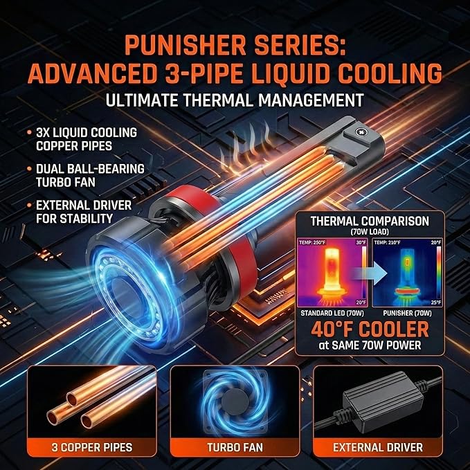 LUXSTER Punisher 9007 HB5 LED Bulbs, 60000LM Ultra Bright, Triple Copper Pipes Cooling Tech(Unique), Dual Beam, Plug-N-Play Installation, 6000K Pure White, IP68 Waterproof Foglight, Pack of 2