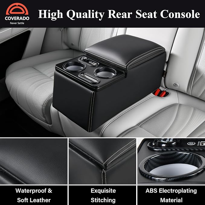 Coverado Car Center Console, Universal Rear Bench Seat Console, Back Seat Car Organizer, Automotive Center Console with Cup Holder & Phone Holder, Central Armrest Box (Update, Black)