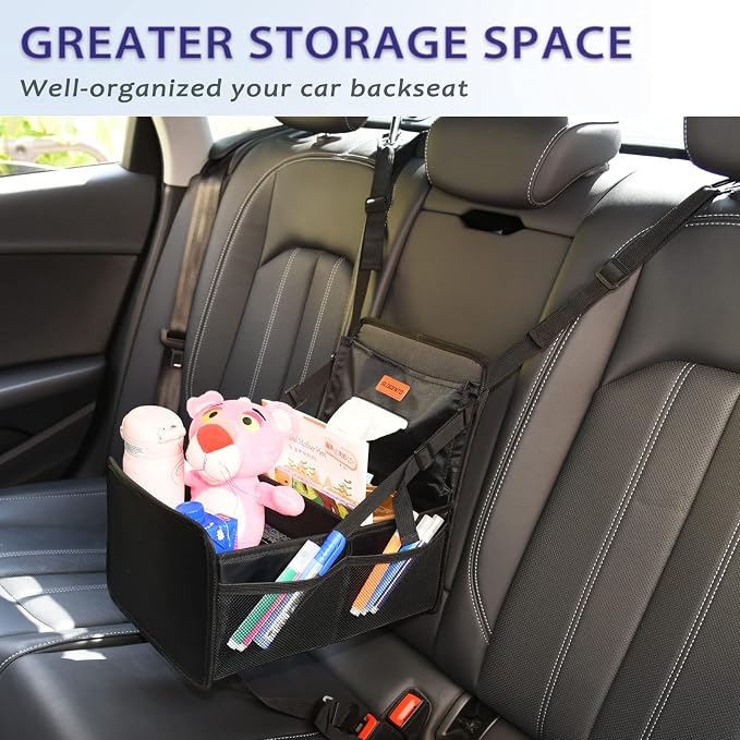 Kids Car Organizer Backseat- Easy-to-Reach Car Organizers and Storage for Back Seat Between Seats with Tissue Box and Side Pockets, Car Travel Accessories for Baby Long Trips with cup Holders