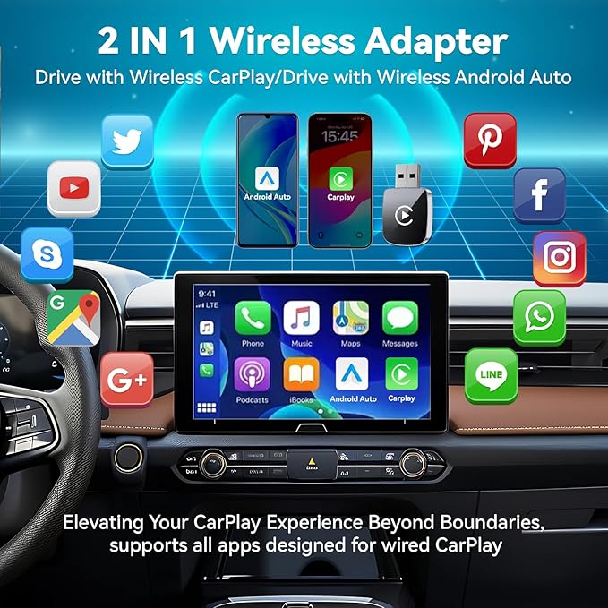 2026 Upgrade Wireless CarPlay Adapter for iPhone,2 in 1 for Apple Carplay and Android Auto Adapter,Convert Wired to Wireless, Plug & Play Mini CarPlay USB to USB-C/Type-C, Stable Control & No Delay