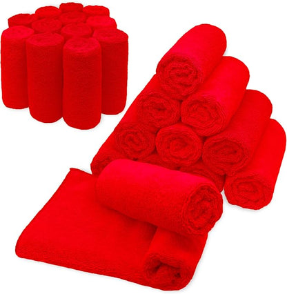 Blue Horizon Microfiber Cleaning Towels, Pack of 24, Ultra Soft Plush Washcloth, All Purpose Premium Microfiber Detailing Cleaning Cloths Reusable Shop Towels (16" x 16", Red)