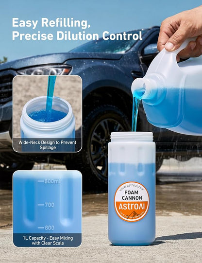 AstroAI Foam Cannon for Pressure Washer, Wide Neck Car Wash Foam Sprayer with 1/4" Quick Connect Plug, Adjustable Nozzle Dense Foam, Detailing Accessories for Cars, Bikes & Home Cleaning, 1 Liter