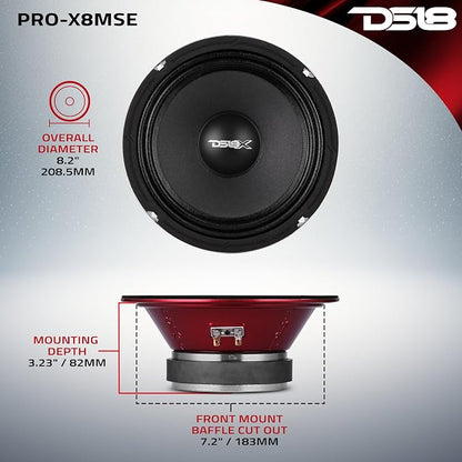 DS18 PRO-X8MSE Loudspeaker - 8", Midrange, Sealed Basket, 550W Max, 275W RMS, 8 Ohms - Premium Quality Audio Door Speakers for Car or Truck Stereo Sound System (1 Speaker)