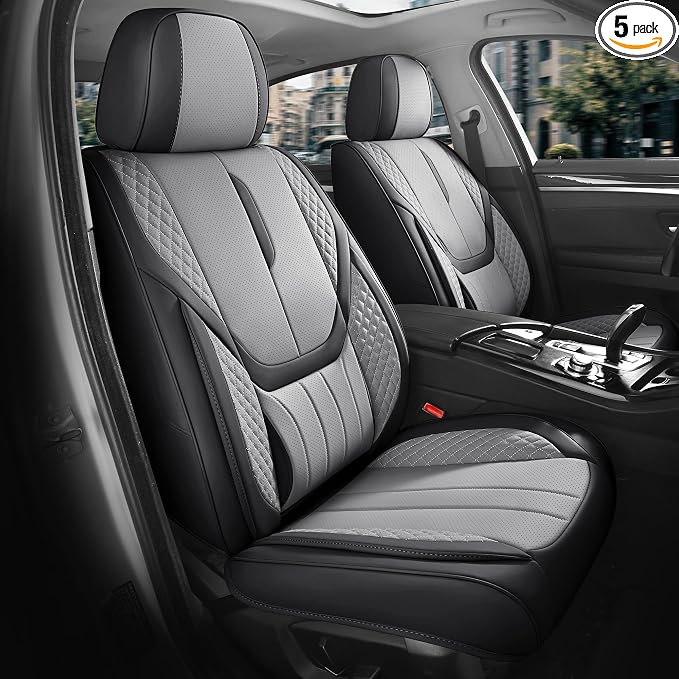 Car Seat Covers Full Set - Universal Seat Covers for Cars SUV Truck – Faux Leather Automotive Seat Covers, Breathable & Waterproof Front and Rear Seat Protectors, Fit for Most Cars-BlackGrey