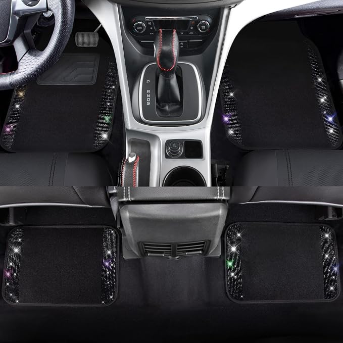 CAR PASS 23 PCS Bling Diamond Car Accessories Set for Women, Leather Seat Covers Full Set Floor Mats Steering Wheel Cover, Coasters Seat Belt Covers Phone Holder Universal Fit Car SUV Truck Van Black